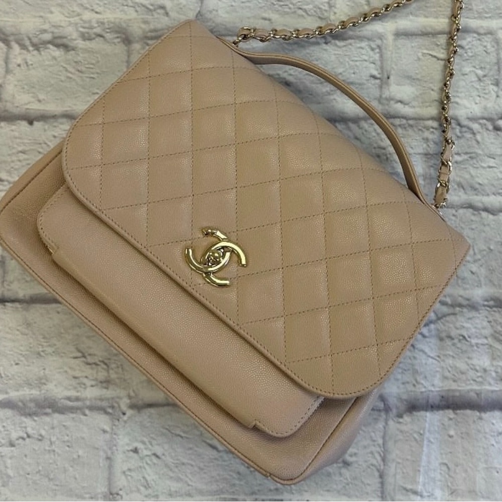 Chanel Large Business Affinity Quilted Light Beige Caviar Crossbody or Shoulder